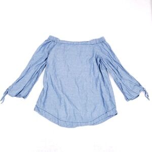 Free People Off Shoulder Top Womens Blue Cotton Linen Sleeve Tie Cuff Peasant S